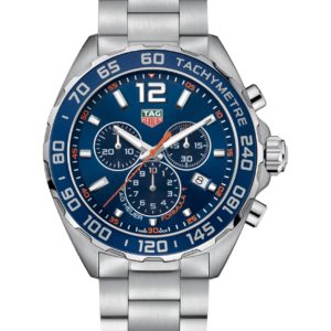 Tag Heuer chronograph watch with blue dial, tachymeter bezel, and stainless steel bracelet.