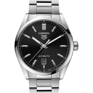 Stainless steel TAG Heuer Carrera automatic wristwatch with a black textured dial, silver indexes, and date window at 6 o'clock.