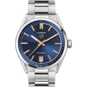 TAG Heuer Carrera automatic wristwatch with blue sunburst dial, gold indices, date window at 6, stainless steel bracelet.
