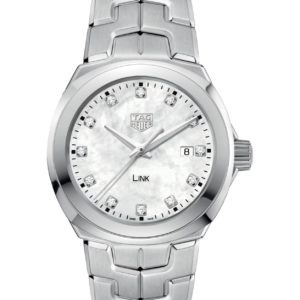 Stainless steel TAG Heuer Link wristwatch with diamond hour markers and a mother-of-pearl dial, date window at 3 o'clock.