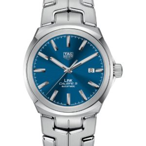Tag Heuer Link Calibre 5 automatic wristwatch with a blue sunburst dial and stainless steel bracelet, showing date window at 3 o'clock.