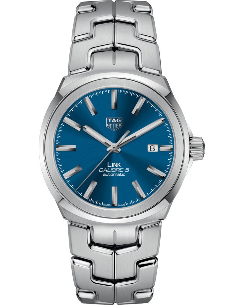 Tag Heuer Link Calibre 5 automatic wristwatch with a blue sunburst dial and stainless steel bracelet, showing date window at 3 o'clock.