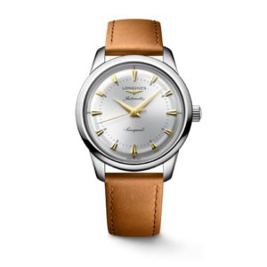 Longines automatic wristwatch with a silver dial, gold hour markers and hands, and a tan leather strap.