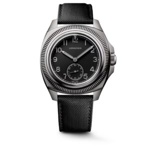 Longines wristwatch with black dial, silver case, and black fabric strap (close-up)