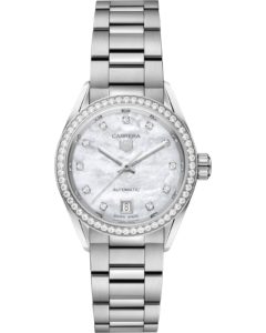 Silver stainless steel TAG Heuer Carrera women's watch with a diamond bezel and mother-of-pearl dial, date display at 6 o'clock.