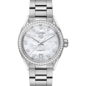 Silver stainless steel TAG Heuer Carrera women's watch with a diamond bezel and mother-of-pearl dial, date display at 6 o'clock.