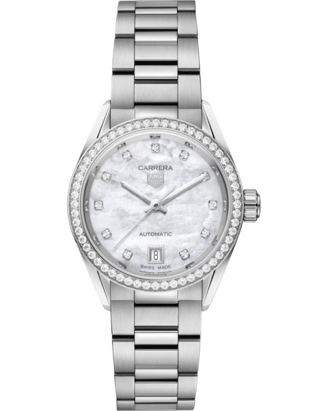 Silver stainless steel TAG Heuer Carrera women's watch with a diamond bezel and mother-of-pearl dial, date display at 6 o'clock.