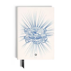Cream-colored notebook closed, featuring a blue line drawing of a stylized brain surrounded by radiating sunburst lines, with a black ribbon bookmark visible at the bottom edge.