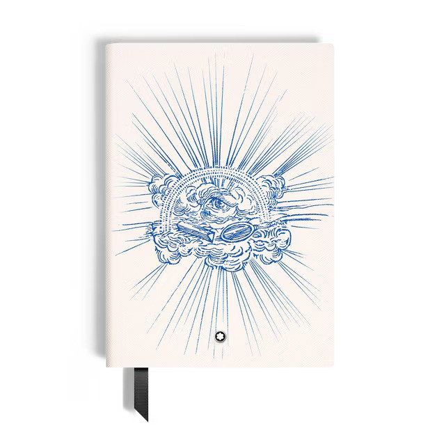 Cream-colored notebook closed, featuring a blue line drawing of a stylized brain surrounded by radiating sunburst lines, with a black ribbon bookmark visible at the bottom edge.