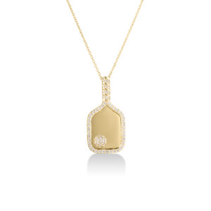 Gold pendant necklace with a diamond-studded edge and smooth gold drop pendant on a thin gold chain (jewelry product image).