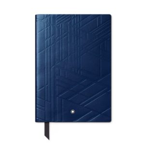 Blue notebook with an embossed geometric pattern, a small white star logo near the bottom, and a dark ribbon bookmark.