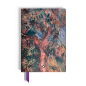 Notebook with a colorful abstract painting cover and a purple ribbon bookmark, rounded corners, and a drop shadow.