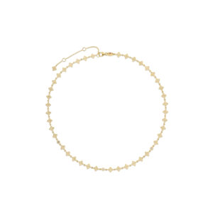 Gold necklace with delicate flower-shaped links and tiny diamonds, curved across white background.