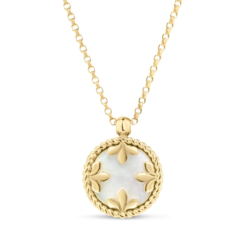 Gold chain necklace with an ornate oval pendant featuring a pearl-like center and gold floral accents.