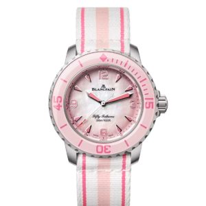 Pink bezel diving watch with white-and-pink striped strap; mother-of-pearl dial, pink numerals, and Blancpain branding (Fifty Fathoms, 300m/1000ft)