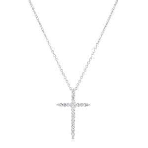 Silver chain necklace with a diamond-studded cross pendant on a white background