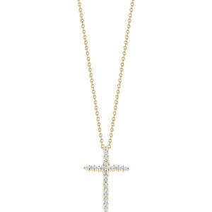 Gold chain necklace with a diamond-encrusted cross pendant, suspended midair against a white background.