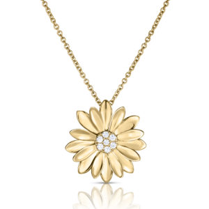 Gold flower pendant necklace with a diamond-studded center hanging from a gold chain.