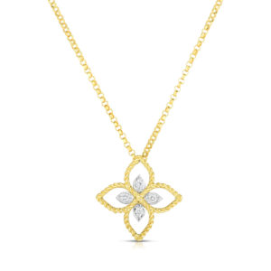 Gold necklace with a decorative pendant featuring diamond-like stones and a braided frame motif, shown against a white background.