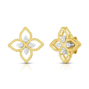 Pair of gold crown-shaped earrings with diamond inlays, displayed against a white background with reflections below.Visually resembles two ornate tiaras, each with diamond accents.