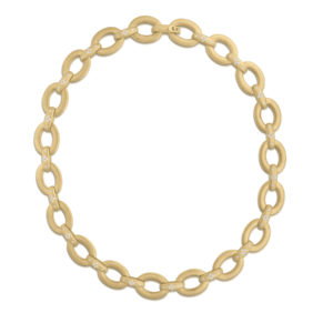 Gold oval-link necklace with diamond accents on some links, close-up view