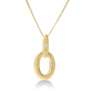 Gold necklace with a textured oval pendant and small diamond accents hanging on a white background.