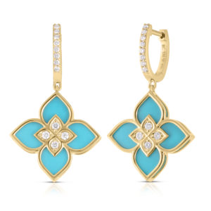 Pair of gold drop earrings with turquoise enamel inlays and diamond-studded accents along the top edge against a white background.