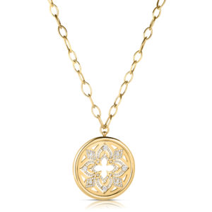 Gold chain necklace with a large circular pendant encrusted with diamonds and intricate lattice design.