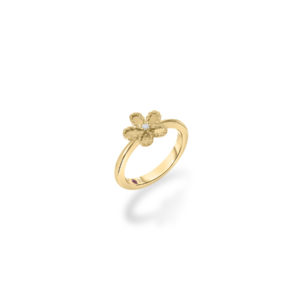 Gold ring with a flower-shaped cluster of braided petals and a small diamond at the center, set against a white background.
