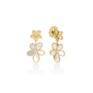 Gold floral drop earrings with twisted petal frames and white pearl-like inlays, accented by small central stones.