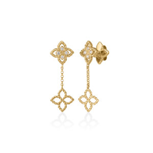 Pair of ornate gold drop earrings with diamond-studded floral filigree and twisted rope motifs, on long chains.