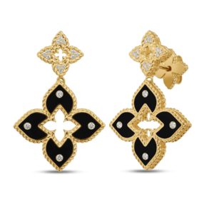 Pair of gold ornate drop earrings with black enamel in a quatrefoil shape and small diamonds along the edges, shown against a white background.
