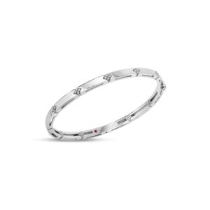 Silver bracelet with diamond clusters along each link on a plain white background.