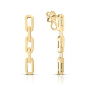 Gold rectangular-link chain earrings on a white background, polished yellow-gold finish, hanging style (pair shown).