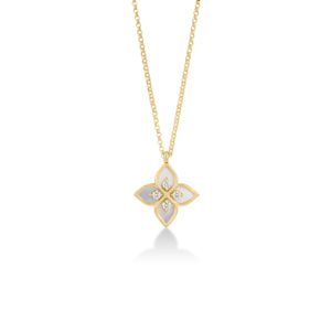 Gold chain necklace with a four-petal flower pendant featuring white inlays and small diamonds in each petal's center.