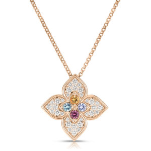Rose gold pendant necklace in a four-petal clover shape encrusted with diamonds and colored stones in the center, on a matching chain