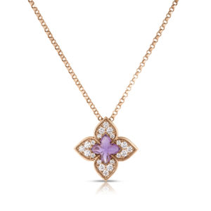 Rose-gold chain necklace with a clover-shaped pendant featuring a purple central gemstone and diamond accents.