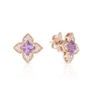 Rose gold flower-shaped earrings with a purple central gemstone and surrounding diamonds on a white background (front view).