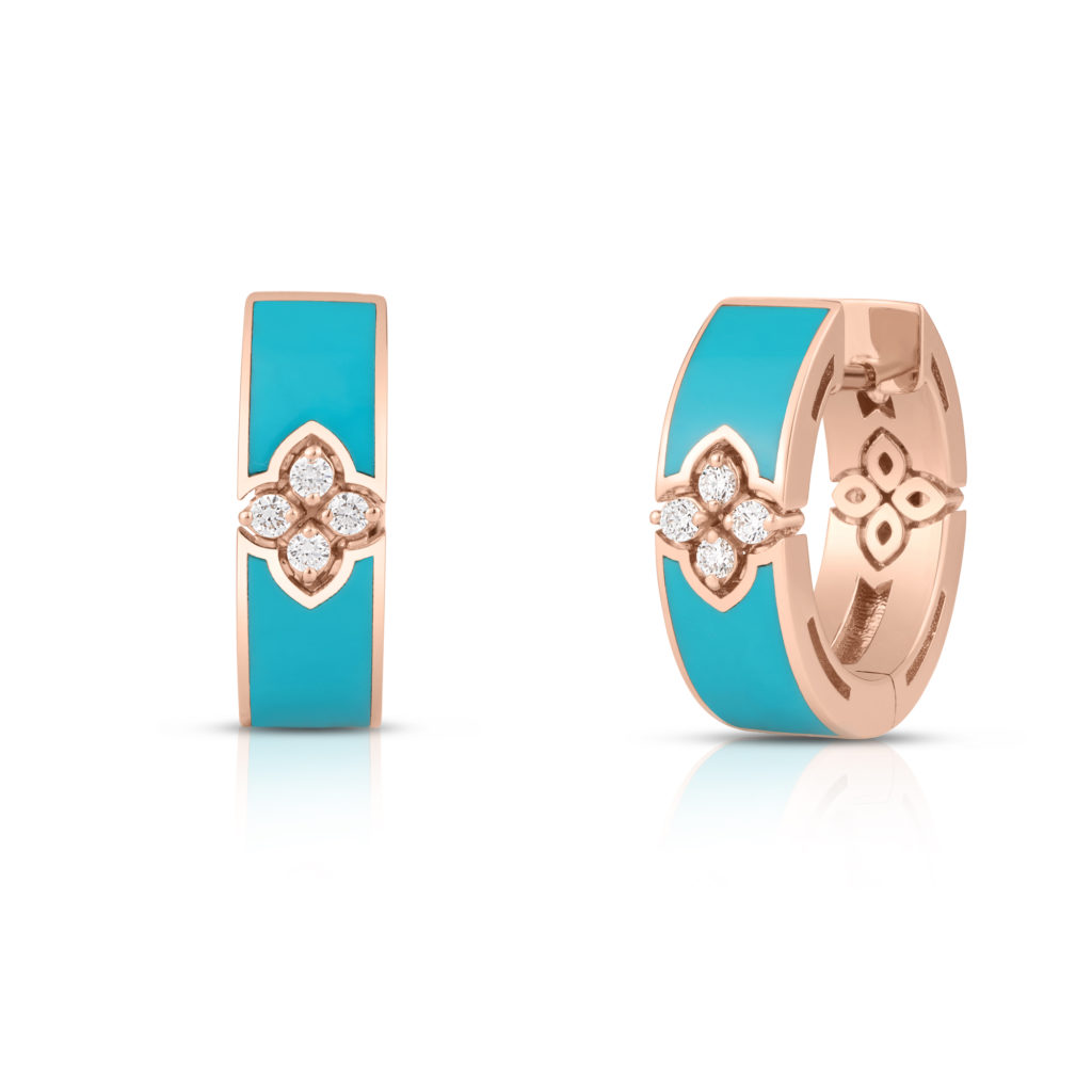 Pair of rose-gold earrings with turquoise enamel panels and diamond clusters on a white background.