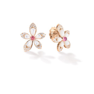 Rose-gold flower jewelry featuring pearl petals and diamond accents (pair of earrings).