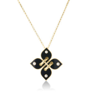 Gold chain necklace with a black enamel four-leaf-clover pendant jeweled with diamonds on each petal.