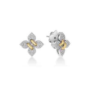 Close-up of two diamond-studded rings with gold interlocking bands on a white background