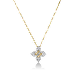 Gold chain necklace featuring a diamond-studded flower-shaped pendant with gold accents