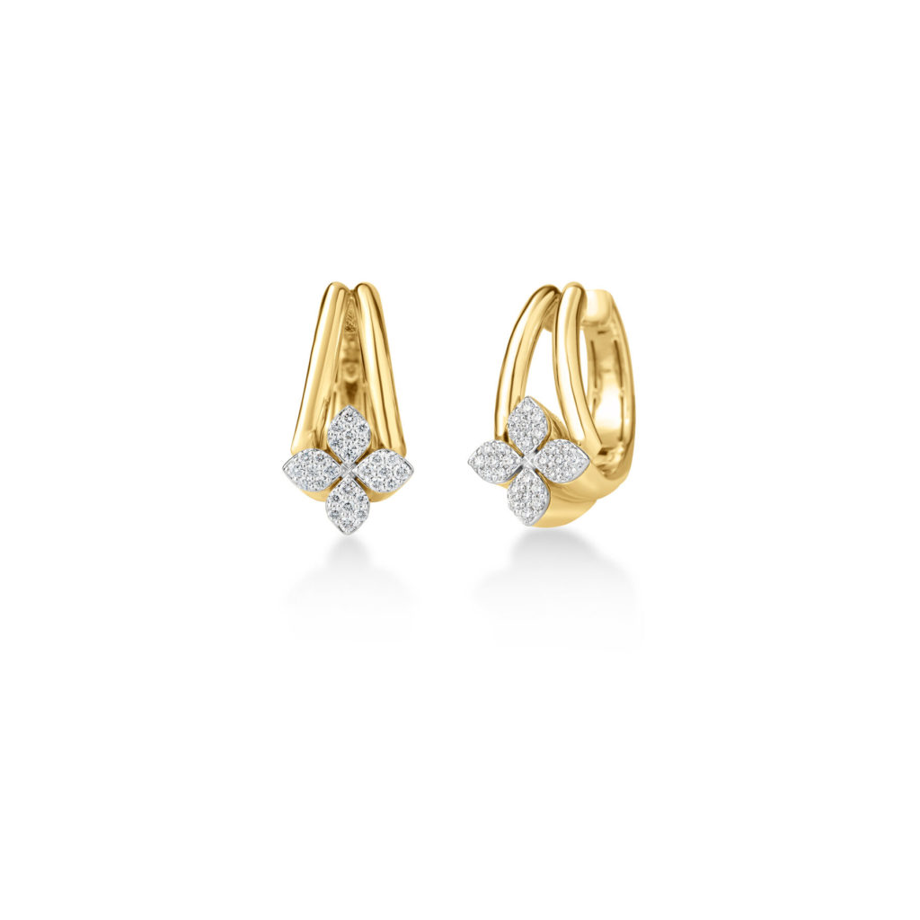Gold hoop earrings featuring a diamond-studded four-leaf-clover charm against a white background, front view (pair).
