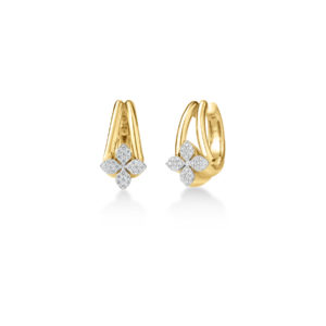 Gold hoop earrings featuring a diamond-studded four-leaf-clover charm against a white background, front view (pair).
