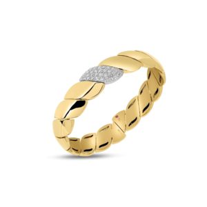 Gold bracelet with polished oval links and a diamond-encrusted clasp against a white background, close-up view.