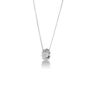 Silver chain necklace with a diamond-studded pendant hanging against a white background