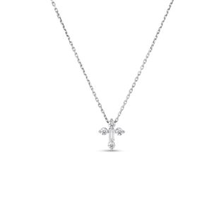 Silver chain necklace with a diamond-studded cross pendant hanging centered against a white background.