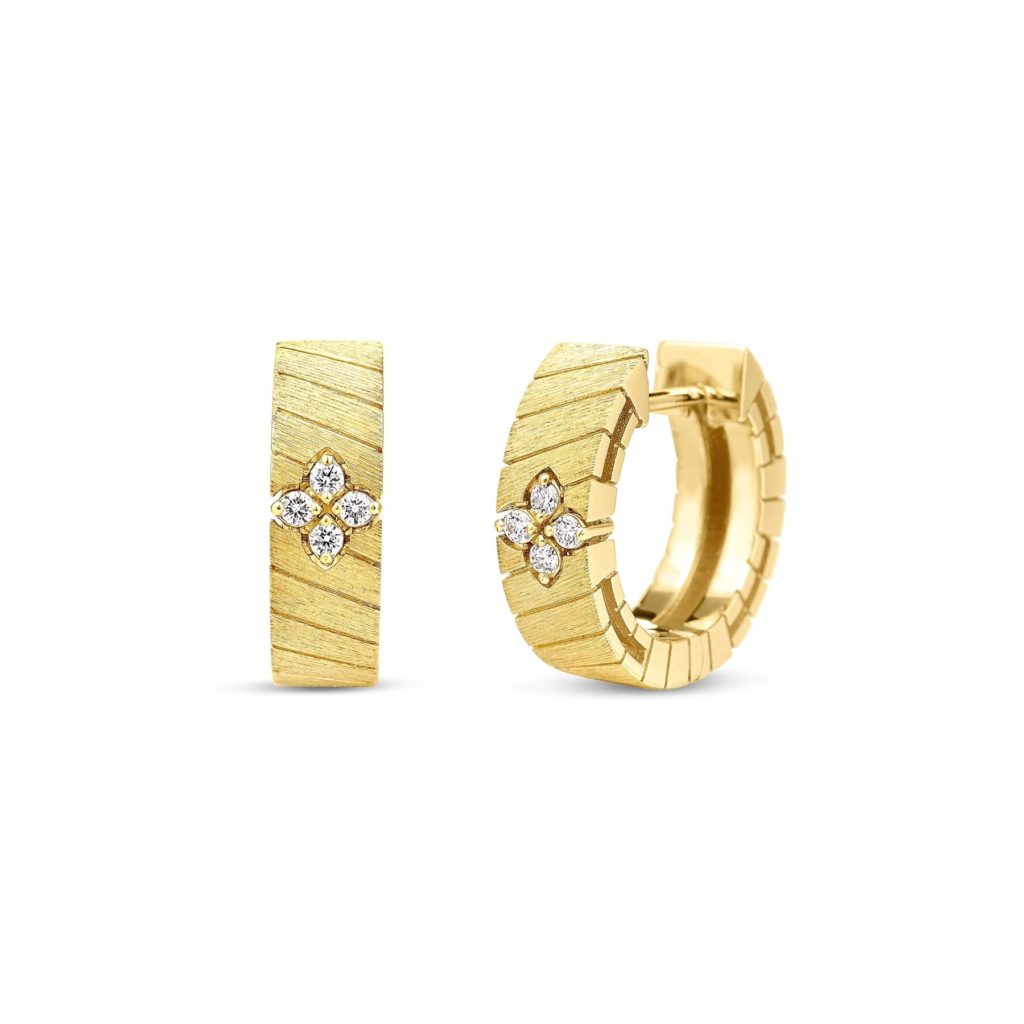 Two gold jewelry pieces with diamond clusters: a rectangular textured band on the left and a curved bracelet on the right, both on a white background.