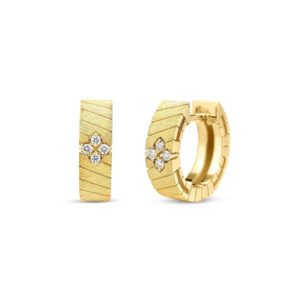 Two gold jewelry pieces with diamond clusters: a rectangular textured band on the left and a curved bracelet on the right, both on a white background.